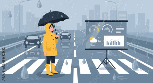 Person in Yellow Raincoat with Umbrella and Weather Presentation.