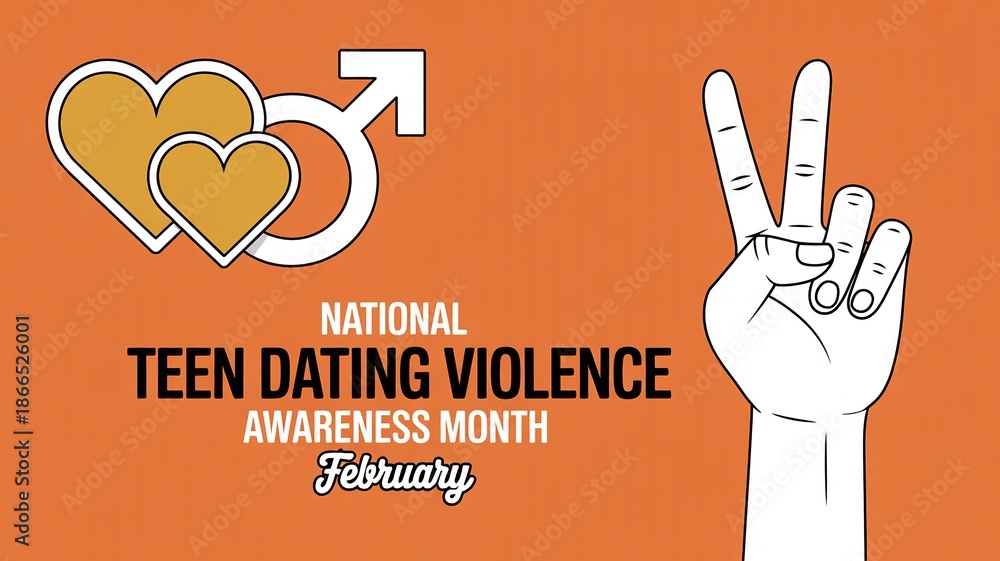 Fototapeta premium National Teen Dating Violence Awareness Month banner with peace sign hand and orange heart icons for youth relationship safety