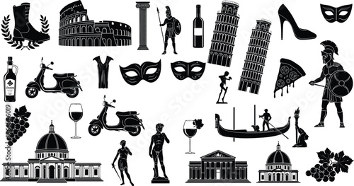 italy travel silhouettes, roman colosseum pisa tower icons, venice gondola wine grapes pizza masks, italian culture black symbols set