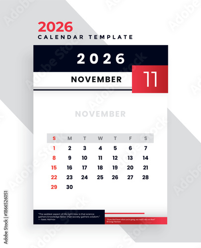 A November 2026 wall calendar with a modern design displaying dates against a light blue background