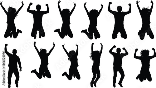 Jumping people silhouettes collection, happy celebration poses, success achievement concept, energetic movement illustration, excitement joy expression bundle