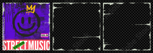 Retro grunge square vinyl frames with rough scratchy edges. Album cover design template with folded torn dirty borders. Compact music cd disk template cover texture, vintage grunge overlay.