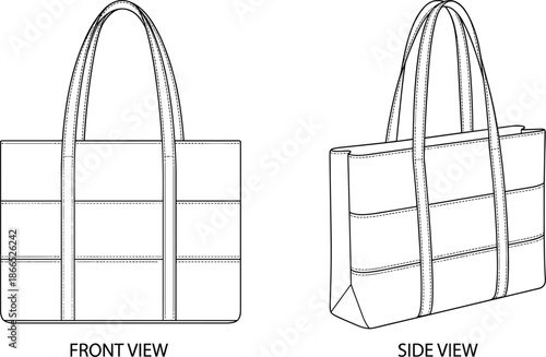 Tote bag technical sketch, front and side view, stitched handles, trapezoid profile, fashion design, flat vector illustration