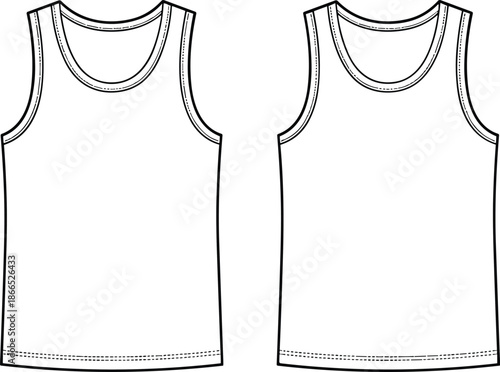 Tank top technical sketch, round neckline, stitching detail, front view comparison, fashion design, flat vector illustration