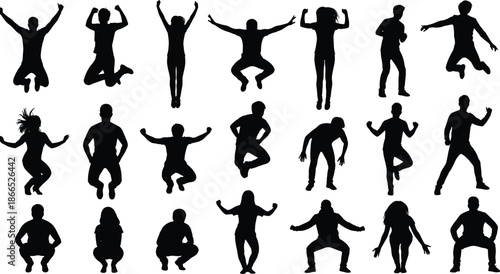 Large set of jumping people silhouettes featuring men and women in happy active poses celebrating success joy and youthful energy,