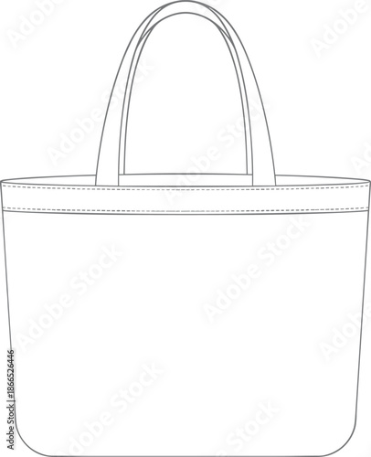 Tote bag technical drawing, black and white sketch, handle and seam detail, fashion template, product outline, flat vector illustration