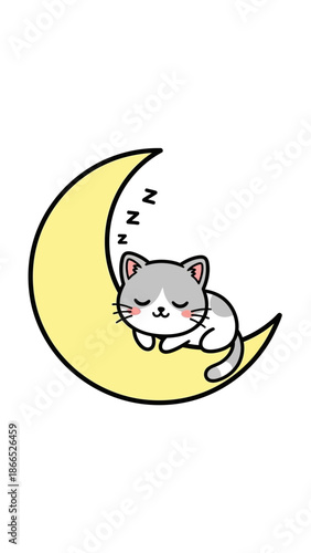 Cute cartoon cat sleeping on a crescent moon, kawaii style illustration