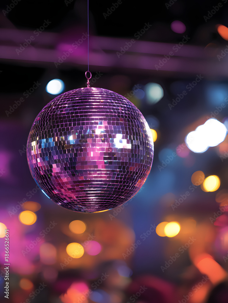 Fototapeta premium Disco ball hangs at a party venue with bright lights shining during a night event