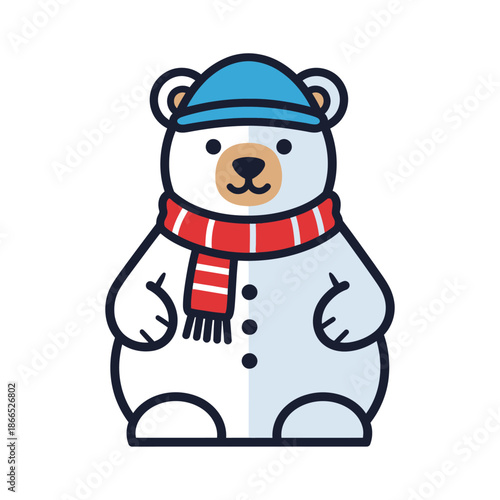 Cute Polar Bear Wearing Winter Hat and Scarf, Cartoon Style