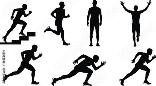 male running silhouettes, sprint training action poses, fitness workout sequence, black athlete motion set isolated background