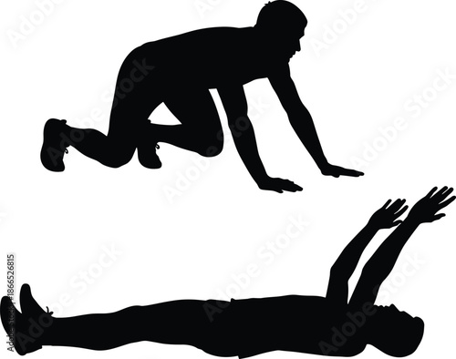 Man doing bodyweight exercise silhouettes, push up and core workout positions, fitness training routine, healthy lifestyle vector illustration