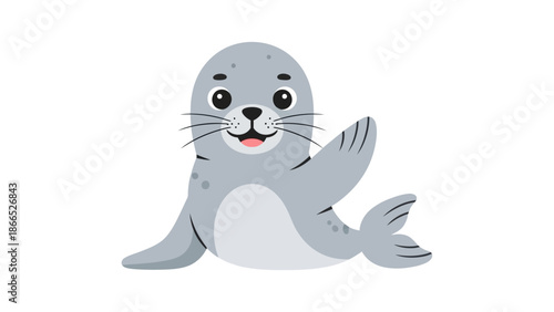 Cute Cartoon Seal Waving Hello, Isolated on White Background