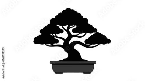 Black silhouette of a bonsai tree in a pot, isolated on a white background.