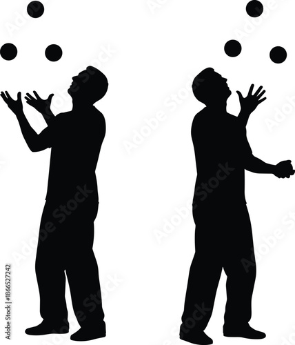 Man juggling balls silhouette set, street performance and circus skill concept, balance coordination activity, isolated black vector illustration