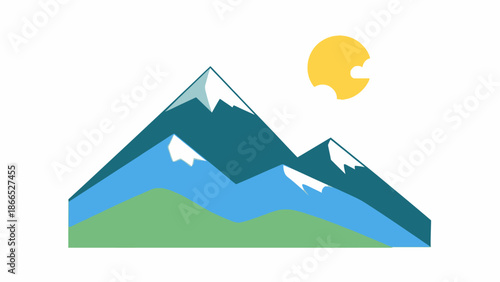 Stylized Mountain Landscape with Sun in Flat Design
