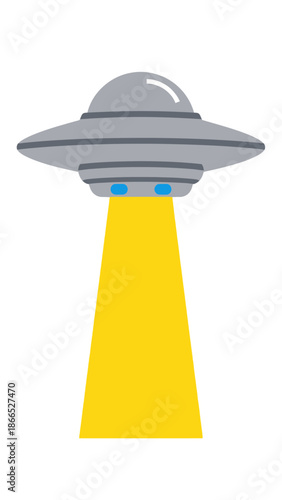 Retro flying saucer emitting yellow light beam, isolated on white background.