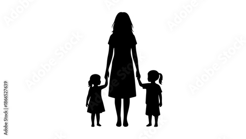 Mother walking with children isolated on white background, Vector