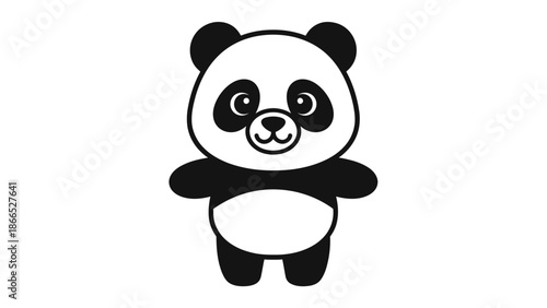Cute cartoon panda illustration, simple black and white drawing, isolated on white background