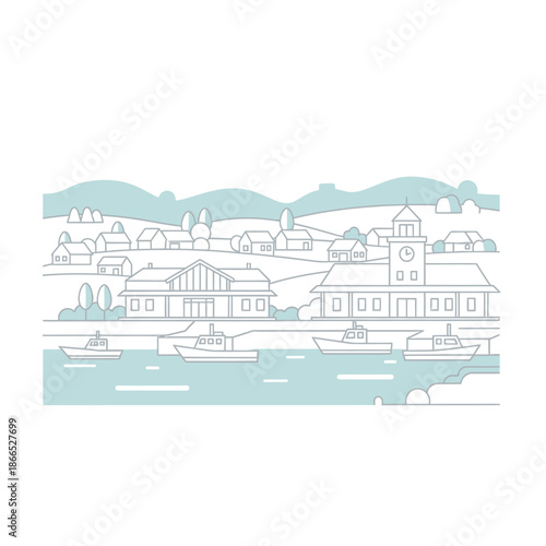 Illustration of a seaside town with buildings.