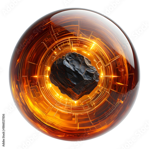 3D Isolated Subject of Meteorite Inside Glowing Energy Sphere with PNG Alpha Channel