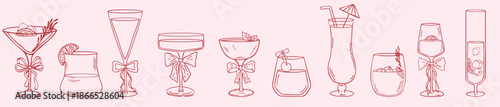 Coquette cocktails with bows hand drawn set. Cute aesthetic glasses with ribbon and bow in crayon sketch style. Girly elegant glasses, doodle, aesthetic. Cheer cocktail event Line art vector.
