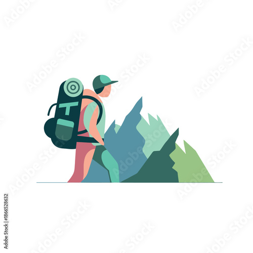 Hiker with Backpack Standing Near Mountains.