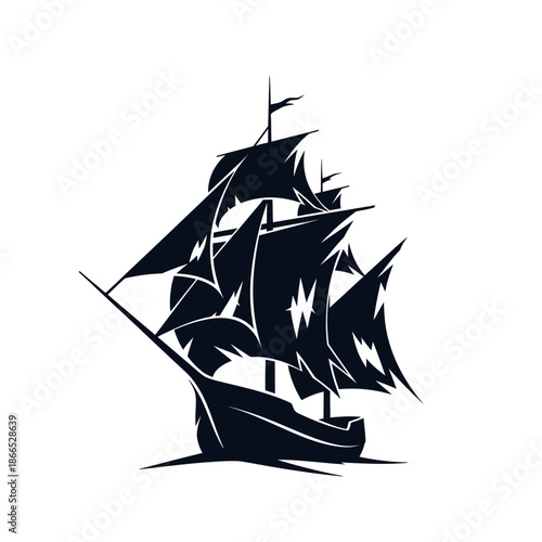 Black Silhouette of Sailing Ship.
