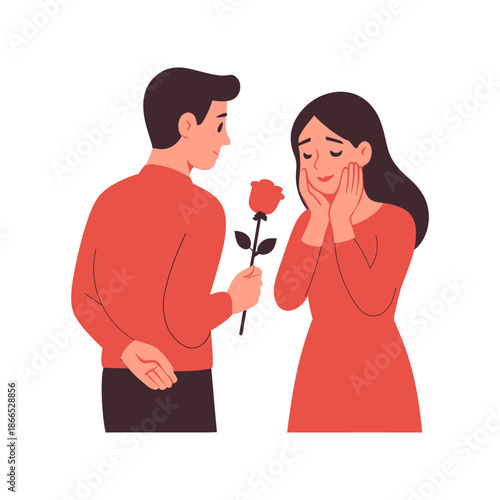 Man presenting a red rose to a shy woman in a sweet romantic gesture illustration