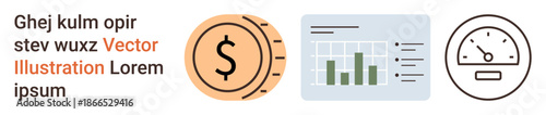 Business growth, financial strategy, data analysis, performance tracking, market evaluation, and economy. Dollar symbol, bar chart speedometer icon. Financial strategy and data analysis concept
