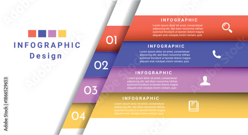 Four step infographic with diagonal layered panels, icons, and numbered sections. Vector layout for structured information display.