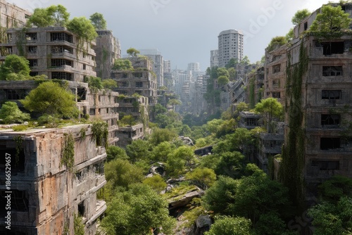 Urban Jungle: A dystopian city scene, where nature reclaims abandoned buildings, showcasing the resilience of life against a backdrop of post-apocalyptic desolation and overgrown infrastructure.