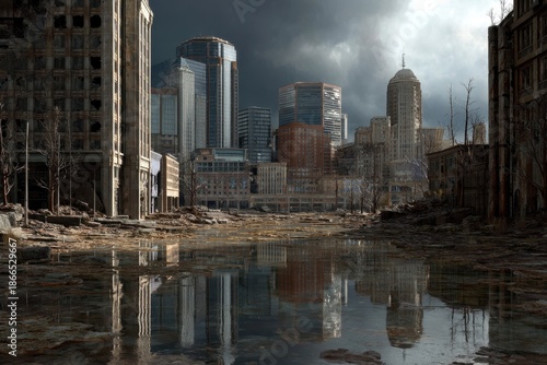 Apocalyptic Cityscape: A haunting image of a desolate cityscape, showcasing a world ravaged by an unseen catastrophe. The remnants of towering buildings stand against a stormy sky.
