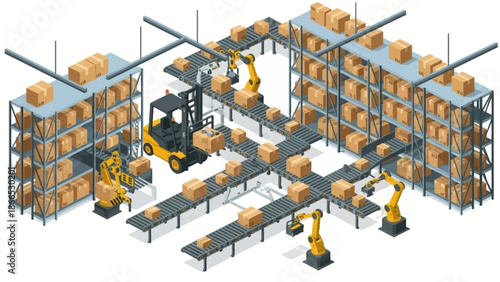 Isometric Automated Warehouse Logistics Interior Vector