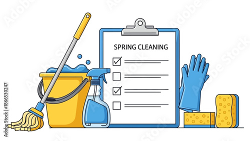 Spring Cleaning Supplies and Checklist Concept Vector