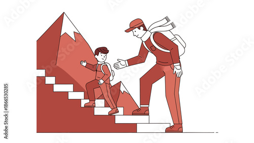 Father Helping Son Climb Stairs Representing Support And Goal Achievement