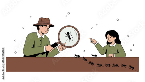 Exploring An Ant Colony With A Magnifying Glass And Woman Pointing Discovery