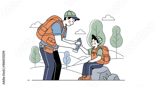 Father Offers Water To His Son While Trekking Outdoors With Nature Scenery Illustration