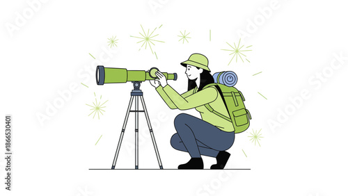 Female Adventurer Stargazing Through Telescope With Backpack in Nature Scene