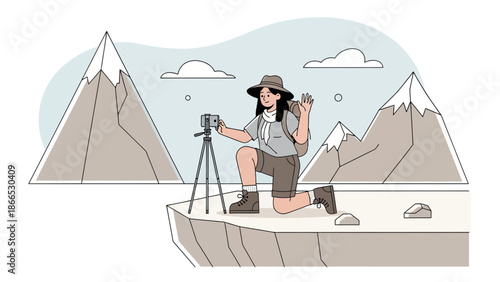 Female Adventurer Capturing Mountain Views with Smartphone on Tripod Landscape Scenery