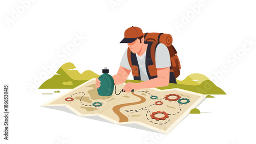 Exploring New Paths Hiker Navigating With Map Amidst Mountainous Scenery