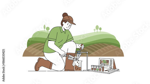 Female Agronomist Analyzing Soil Samples In The Field With Farm Background