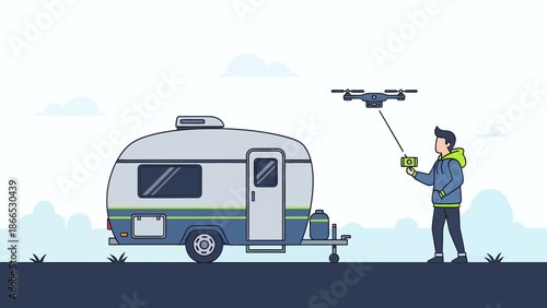 Exploring Outdoors Modern Lifestyle With Camper And Drone For Recreation Adventures