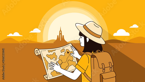 Female Explorer Navigating With Map In Desert Landscape On Adventure Trip