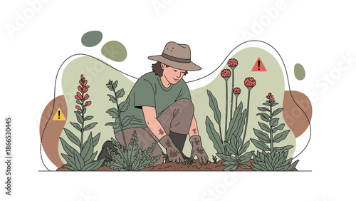 Female Gardener Tending Plants In A Raised Garden With Precaution Signs Around