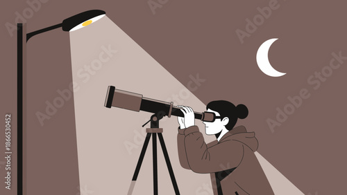 Exploring Night Skies Woman Using Telescope For Stargazing Under Street Light