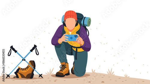Female Hiker Capturing Memories With Her Phone On Beautiful Trekking Adventure
