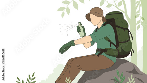 Female Hiker Applying Insect Repellent for Protection from Bugs in the Wilderness