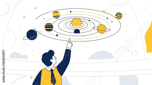 Exploring The Cosmos Man Pointing To Solar System In Planetarium Dome