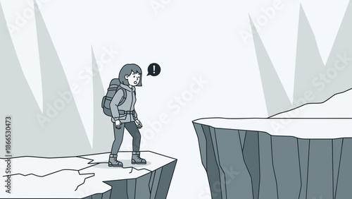 Female Hiker Encountering Dangerous Cliff Edge Gap During Mountain Adventure