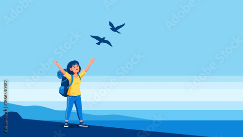 Female Hiker Reaching The Summit Expressing Joy And Enjoying Nature With Birds